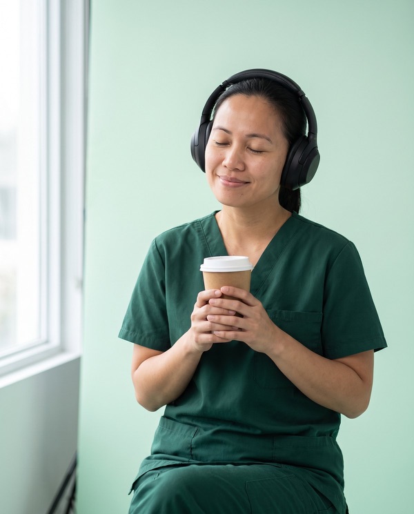 Nursing student in green scrubs with headphones on and eyes closed, coffee in hand.