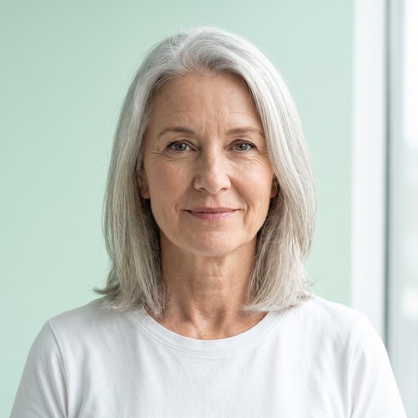 Woman in her sixties looking straight at the camera.